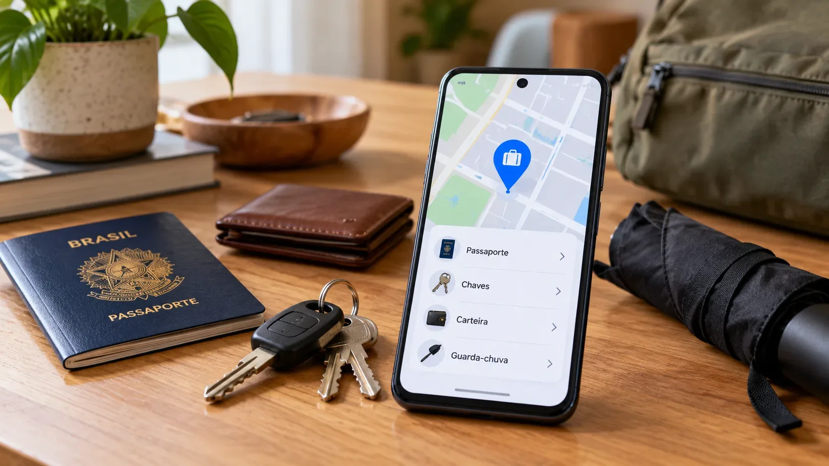 Celular sobre uma mesa mostrando um mapa e uma lista de objetos, ao lado de passaporte, chaves, carteira, guarda-chuva e mochila.