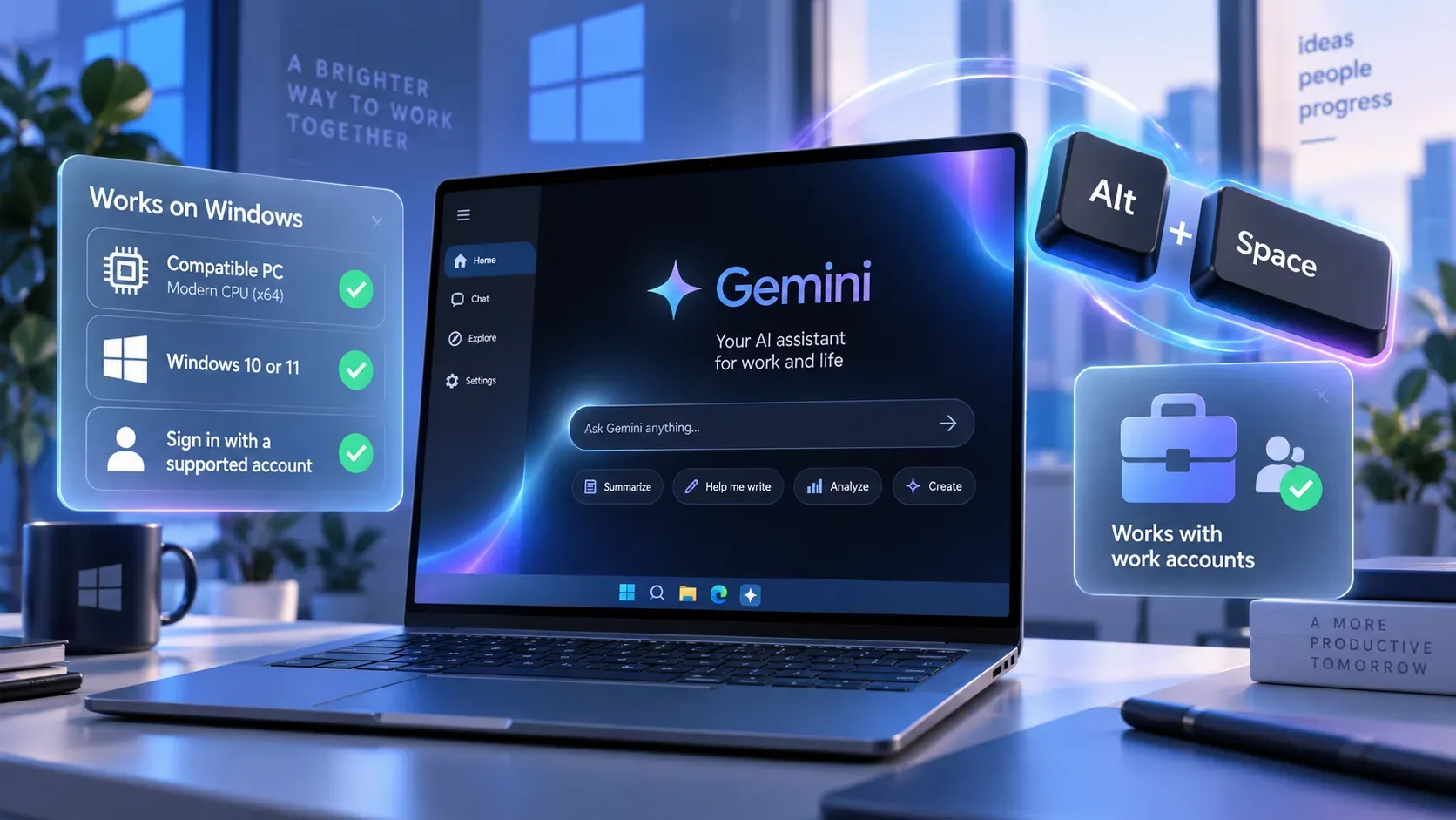 Laptop com o app Gemini em ambiente Windows, teclas Alt e Espaço destacadas e cartões visuais de compatibilidade e conta de trabalho.