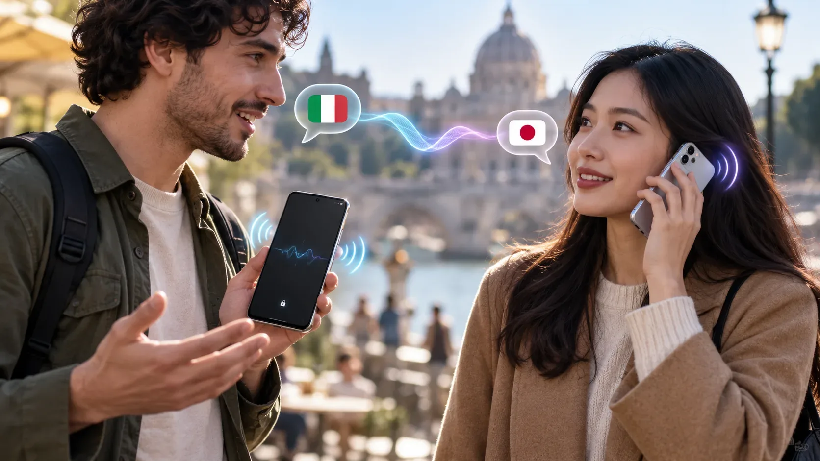 Dois viajantes conversam junto a um rio; um segura um celular com a tela bloqueada e o outro ouve pelo telefone, com ondas de áudio e balões de idiomas entre eles.