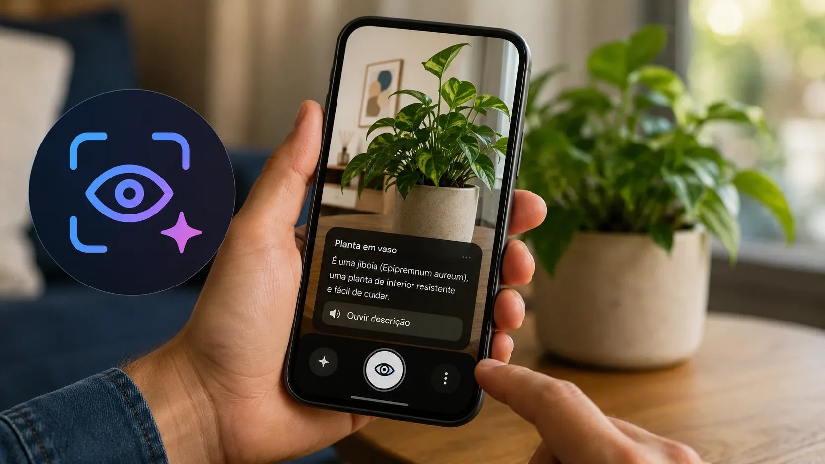 Mãos seguram um celular apontado para uma planta em vaso, com uma descrição por câmera na tela e um ícone de olho em tons azul e roxo ao lado.