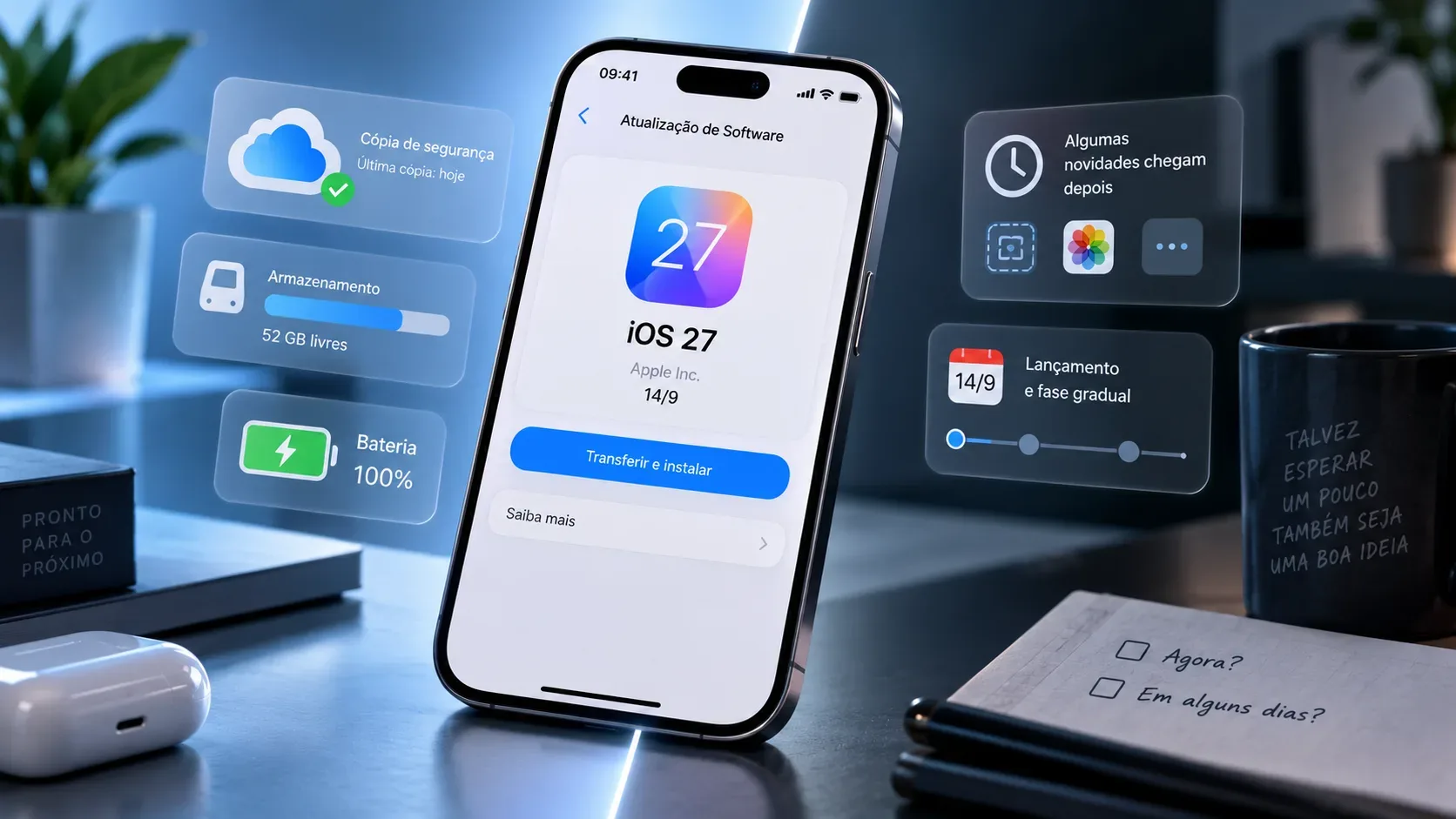 Smartphone exibindo a tela de atualização do iOS 27, cercado por indicadores visuais de backup, armazenamento, bateria e liberação gradual de recursos.