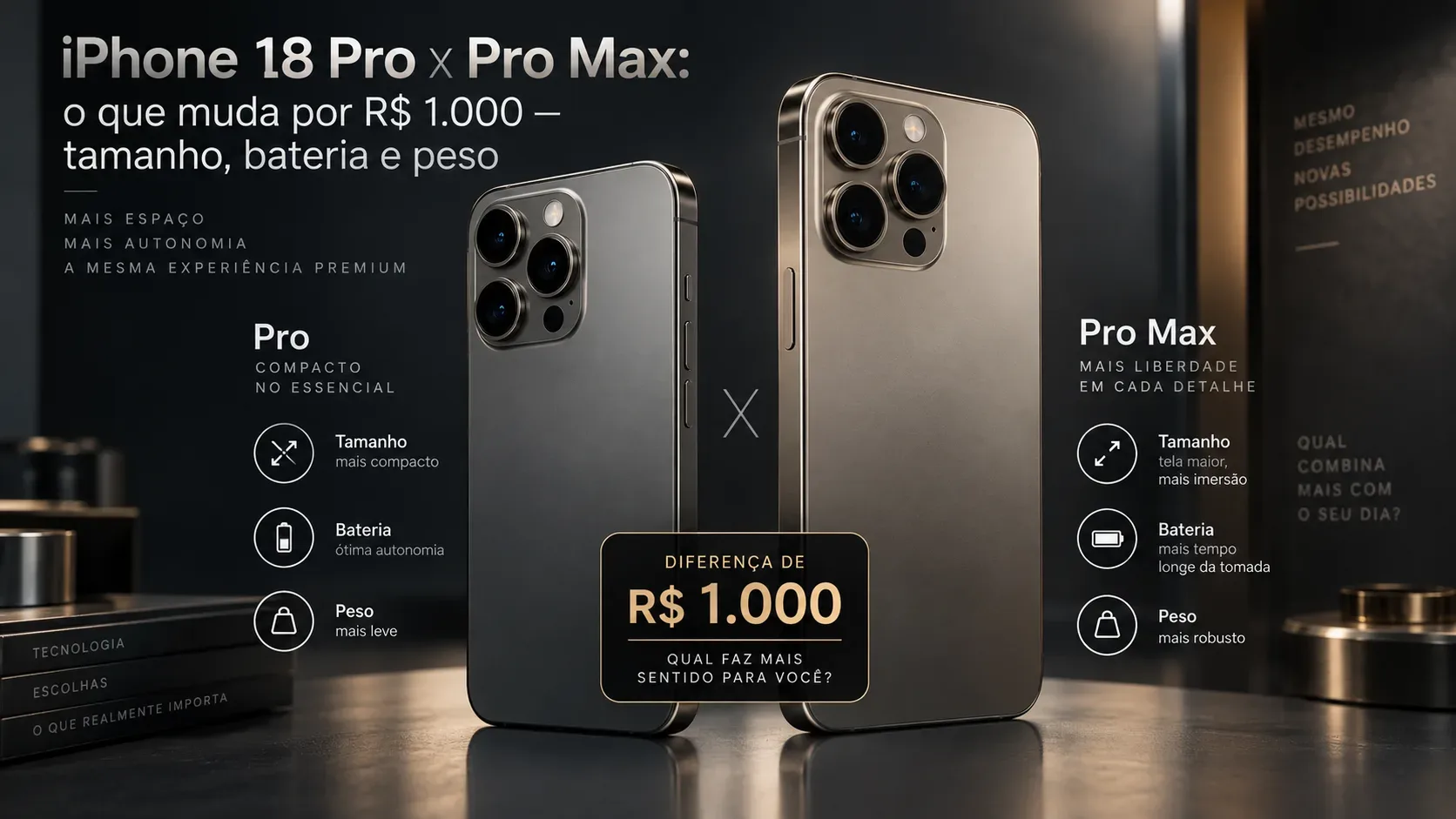 Dois smartphones premium lado a lado, um menor e outro maior, com acabamento metálico escuro e elementos gráficos que destacam tamanho, bateria, peso e a diferença de R$ 1.000.