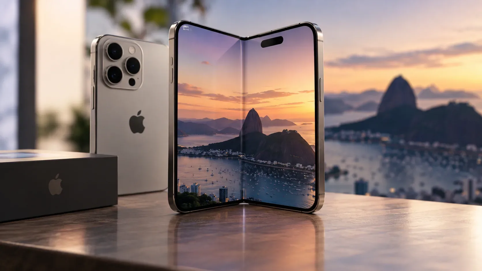 iPhone dobrável aberto sobre uma mesa, com paisagem do Rio de Janeiro ao pôr do sol na tela; outro iPhone e uma caixa escura aparecem ao lado.