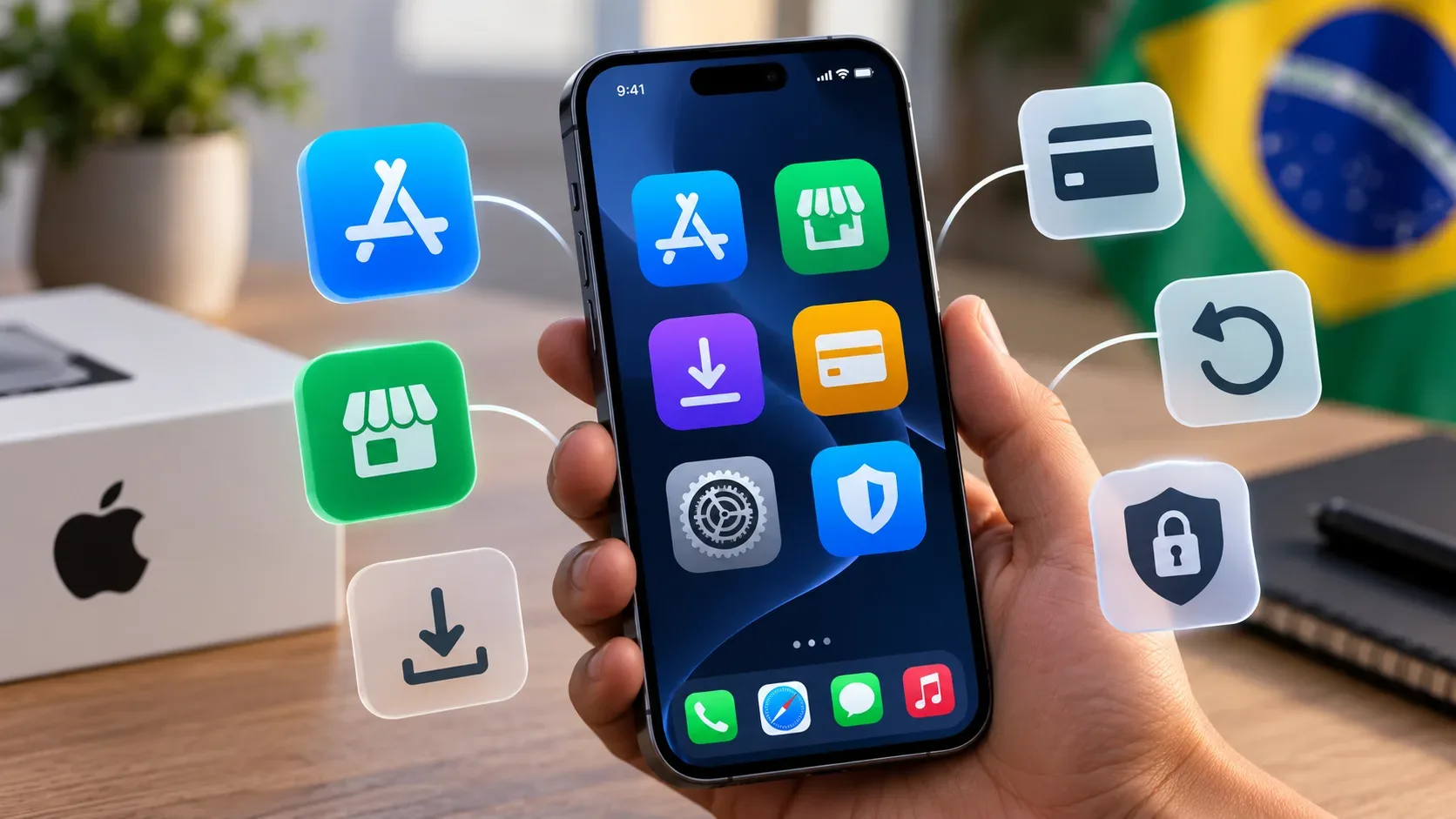 Mão segura um iPhone cercado por ícones de loja de apps, download, pagamento, reembolso e segurança, com a bandeira do Brasil ao fundo.