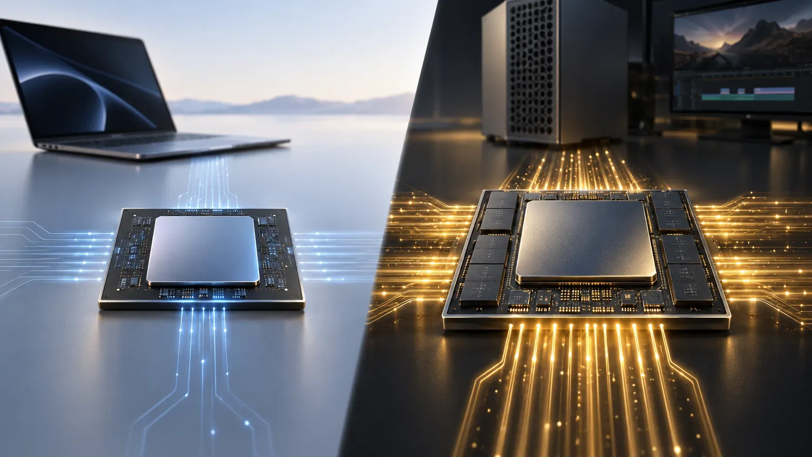Comparação visual entre um chip compacto ligado a um notebook e um chip maior de workstation cercado por mais módulos e fluxos luminosos de dados.