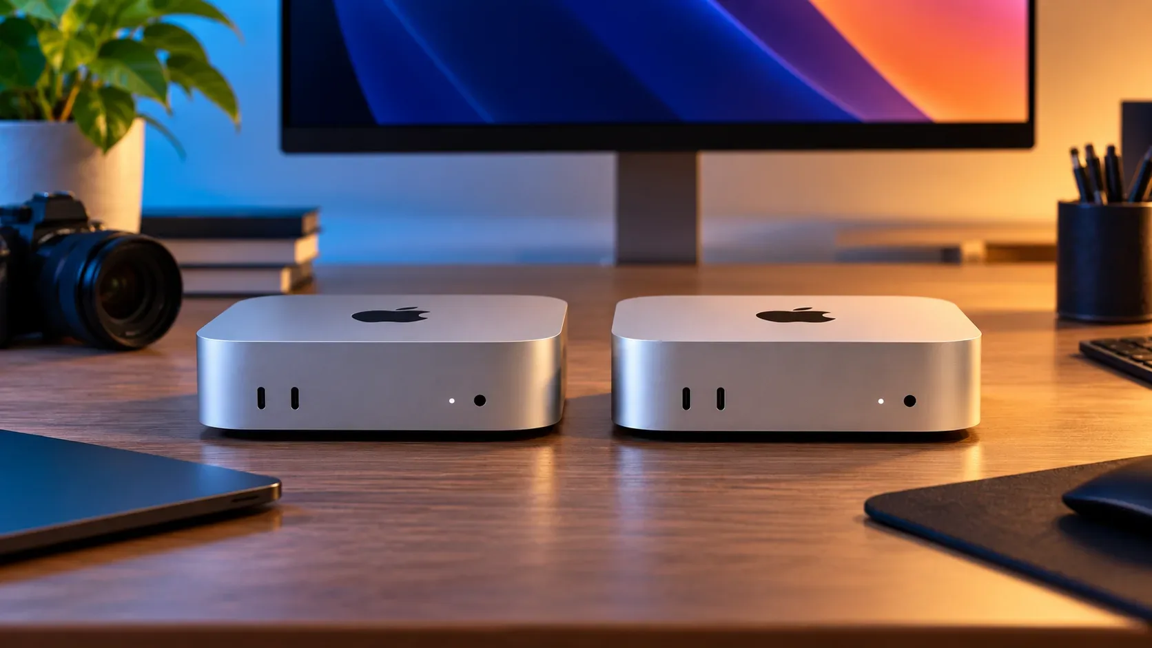 Dois computadores compactos prateados lado a lado sobre uma mesa, com monitor ao fundo e iluminação azul e quente.