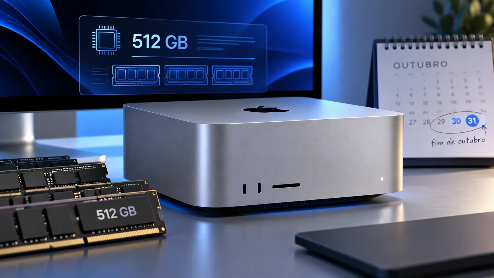 Mac Studio prateado sobre uma mesa, módulos de memória com indicação de 512 GB, tela azul com especificações e calendário de outubro destacando o fim do mês.