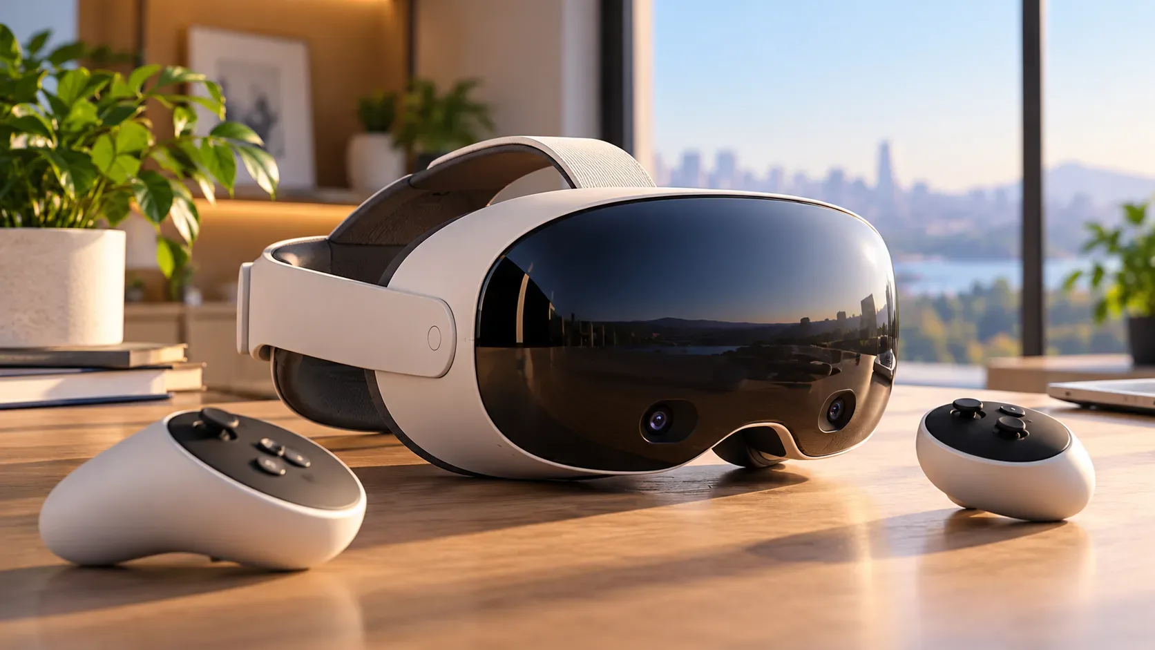 Óculos de realidade virtual brancos com visor escuro e dois controles sobre uma mesa de madeira em um escritório moderno iluminado pelo sol.