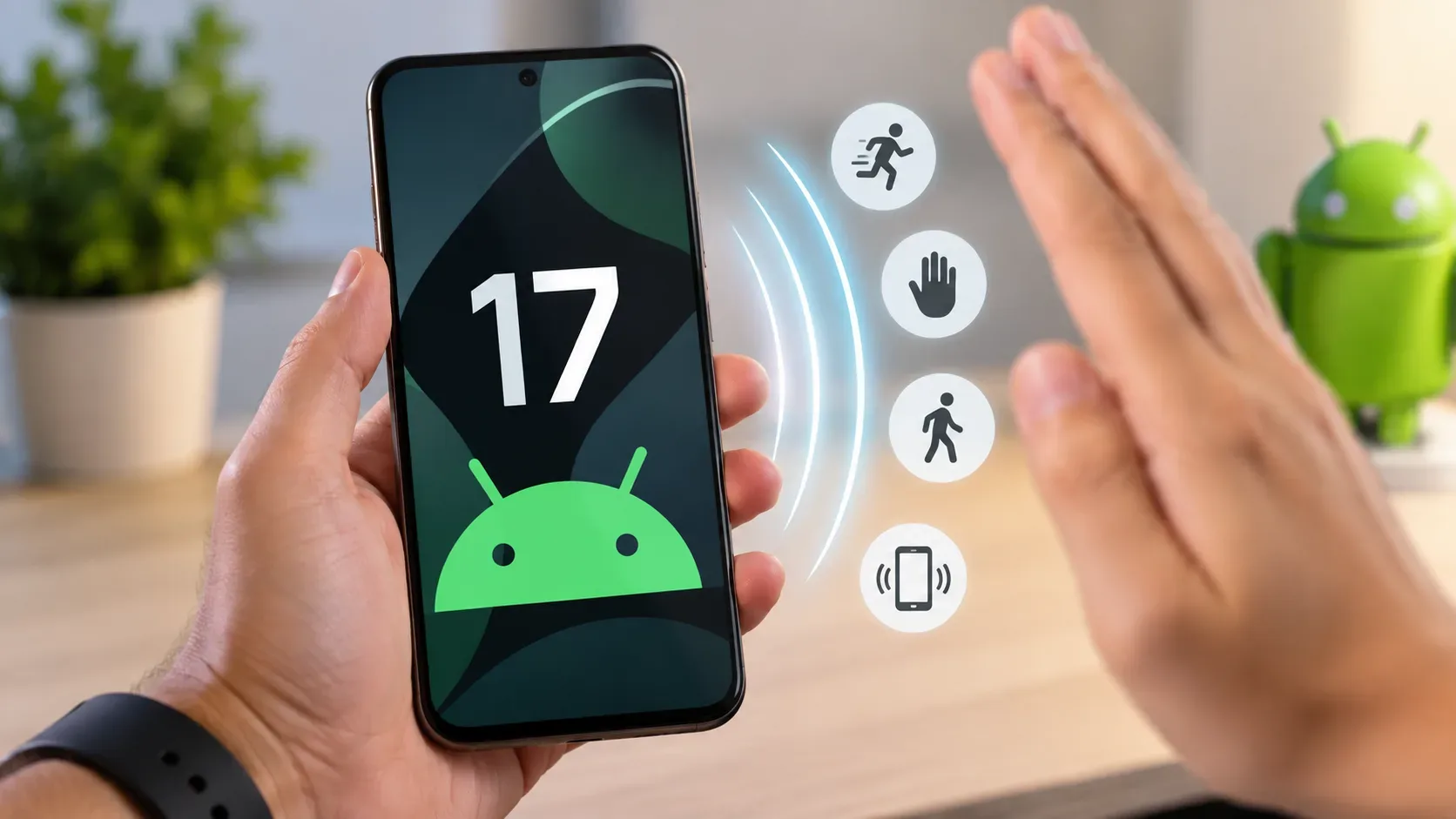 Smartphone exibindo Android 17 ao lado de bolhas e ícones de movimento, com uma mão fazendo um gesto diante da tela.