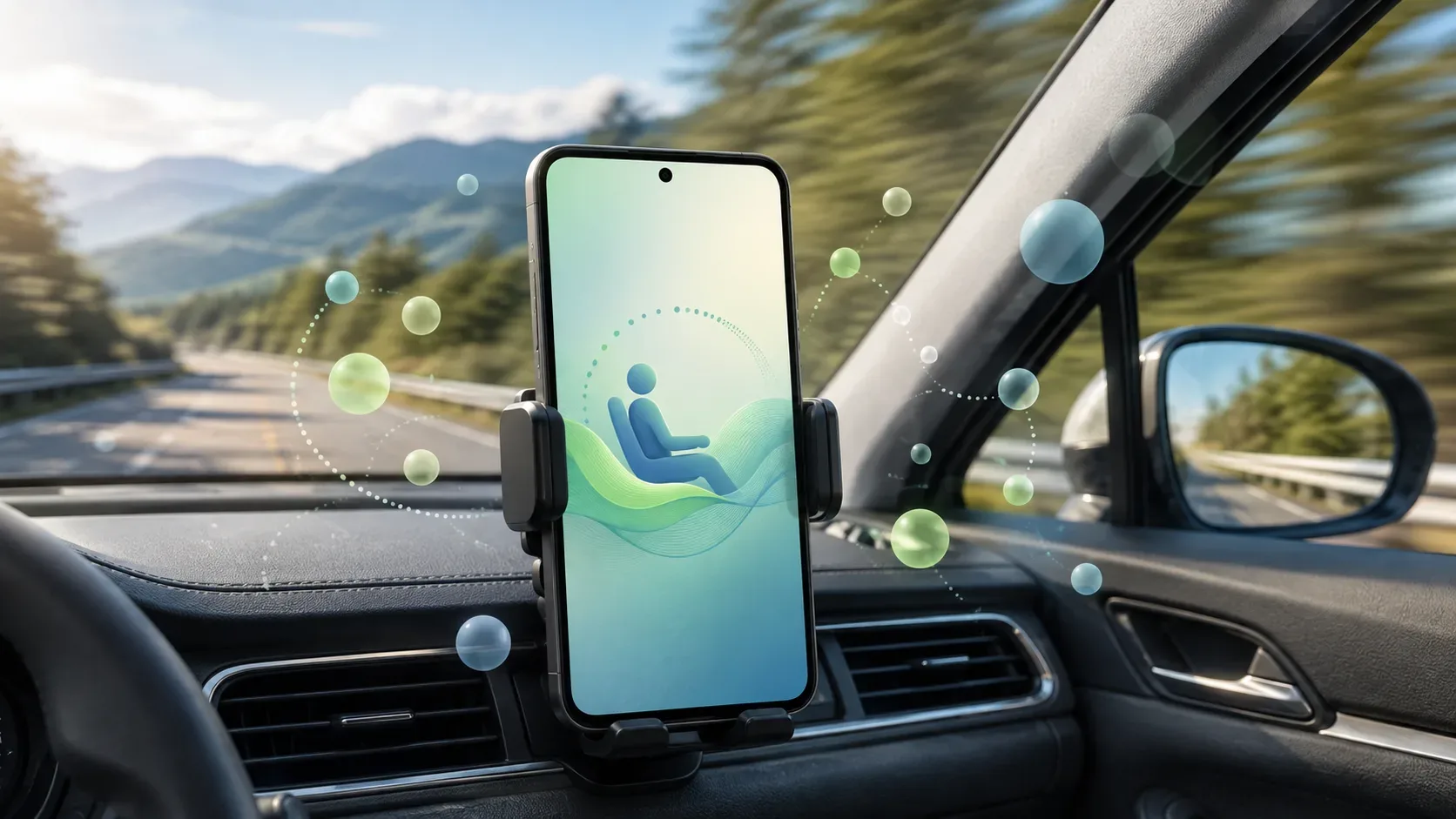 Smartphone preso ao painel de um carro em movimento, com bolhas translúcidas ao redor da tela e estrada desfocada ao fundo