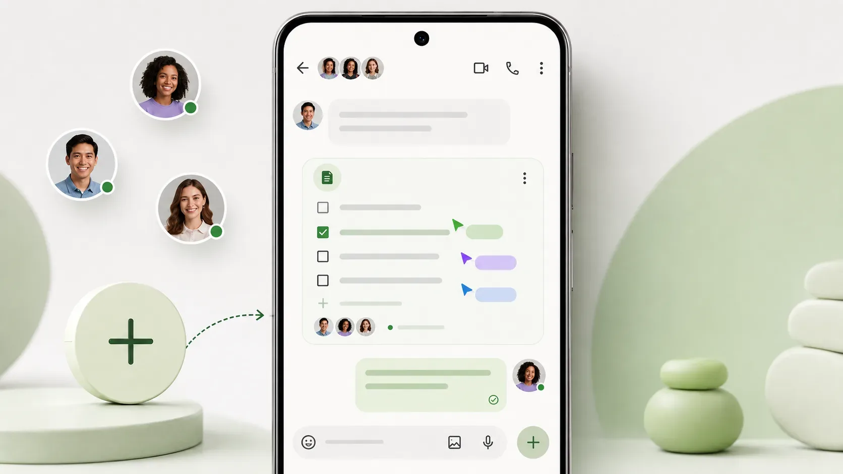 Smartphone com conversa genérica exibindo checklist colaborativo, avatares de participantes e botão de adicionar em tons claros e verdes.