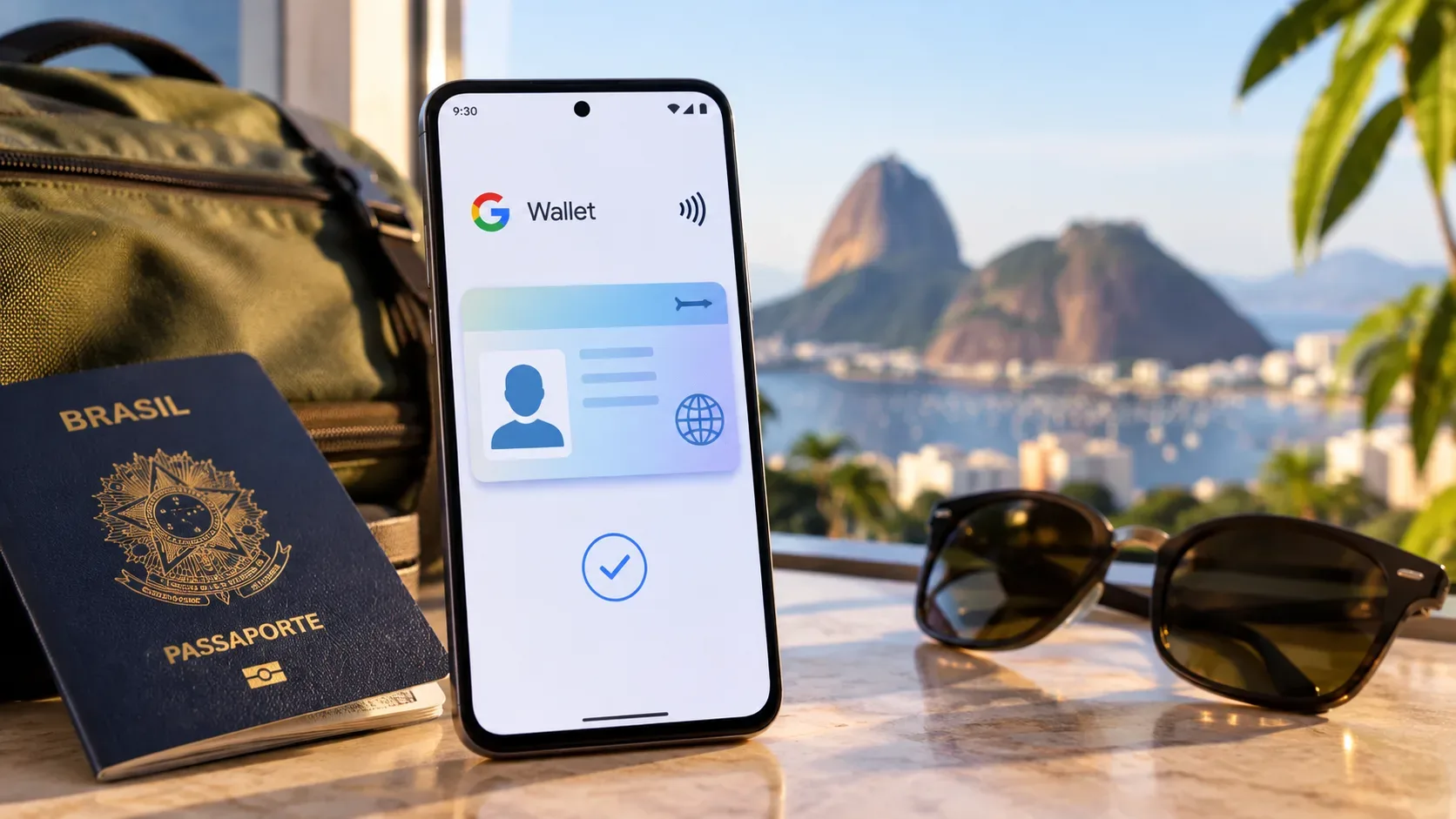 Smartphone exibindo um passe digital na Carteira do Google ao lado de um passaporte brasileiro e acessórios de viagem, com paisagem do Rio de Janeiro ao fundo.