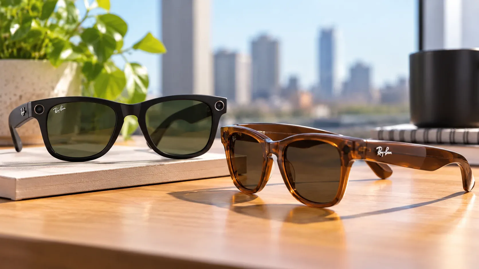 Dois óculos inteligentes estilo Ray-Ban sobre uma mesa de madeira, um preto e outro tartaruga, iluminados por luz natural.