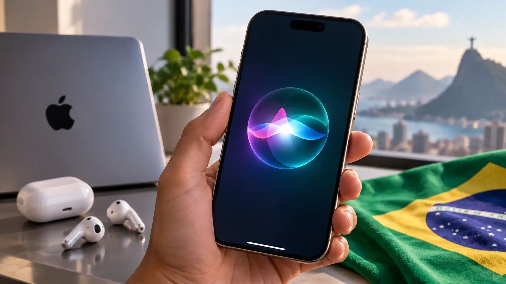 Mão segura um iPhone com interface luminosa da Siri, com bandeira do Brasil ao lado, dispositivos Apple sobre a mesa e paisagem do Rio de Janeiro ao fundo.