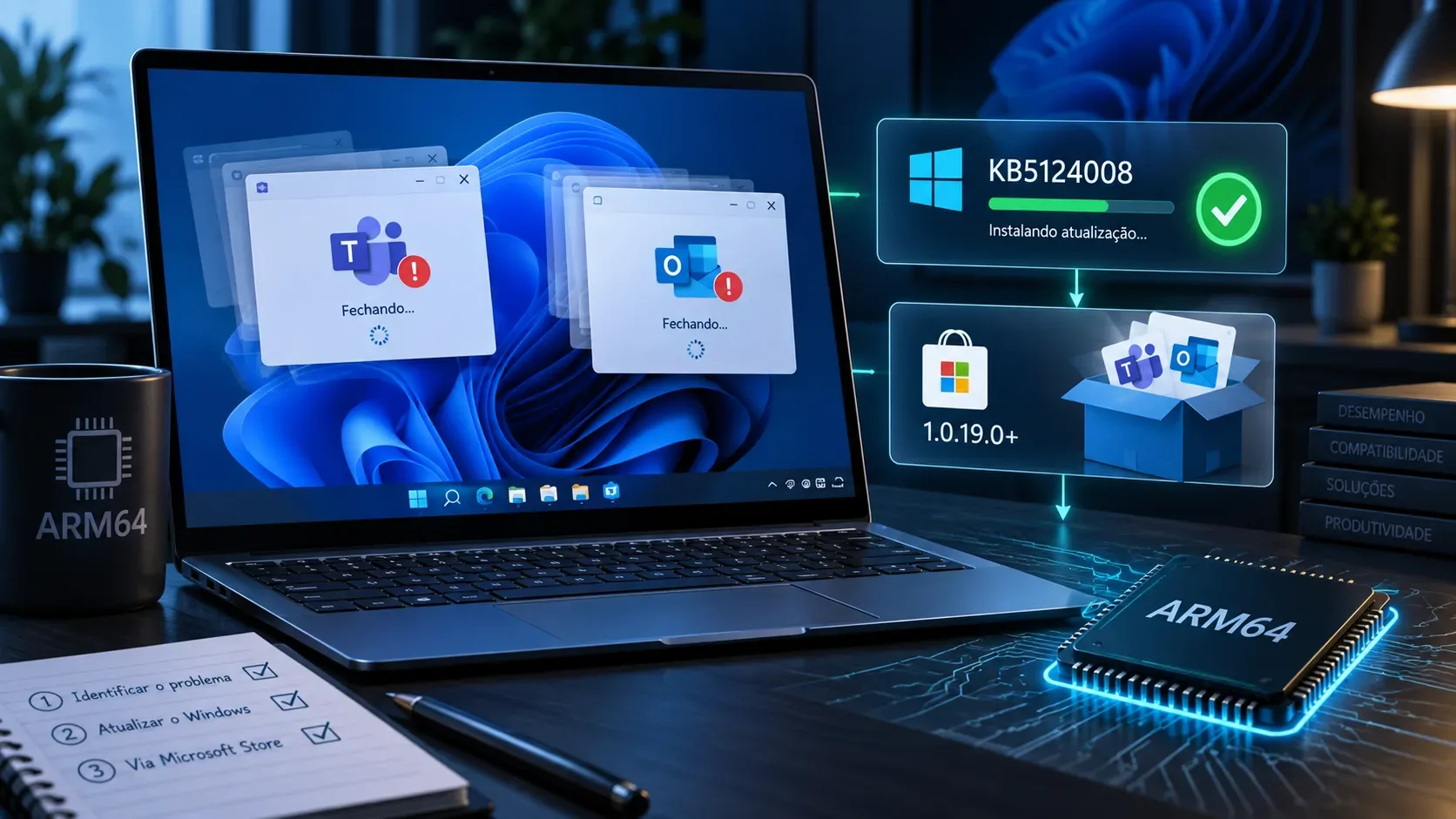 Notebook com Windows 11 mostrando Teams e Outlook fechando, ao lado de um chip ARM64 e indicadores de atualização KB5124008 e pacote 1.0.19.0+ da Microsoft Store.