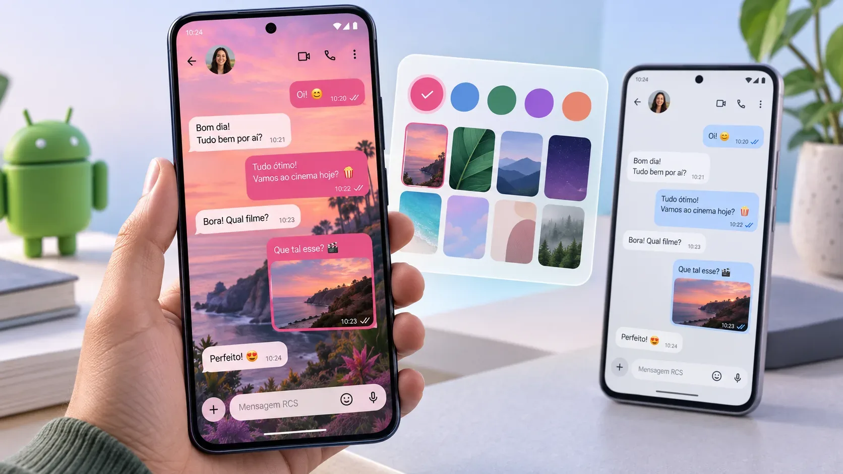 Dois smartphones Android exibem a mesma conversa, um com fundo de pôr do sol e balões coloridos e outro com visual padrão, ao lado de uma paleta de temas.
