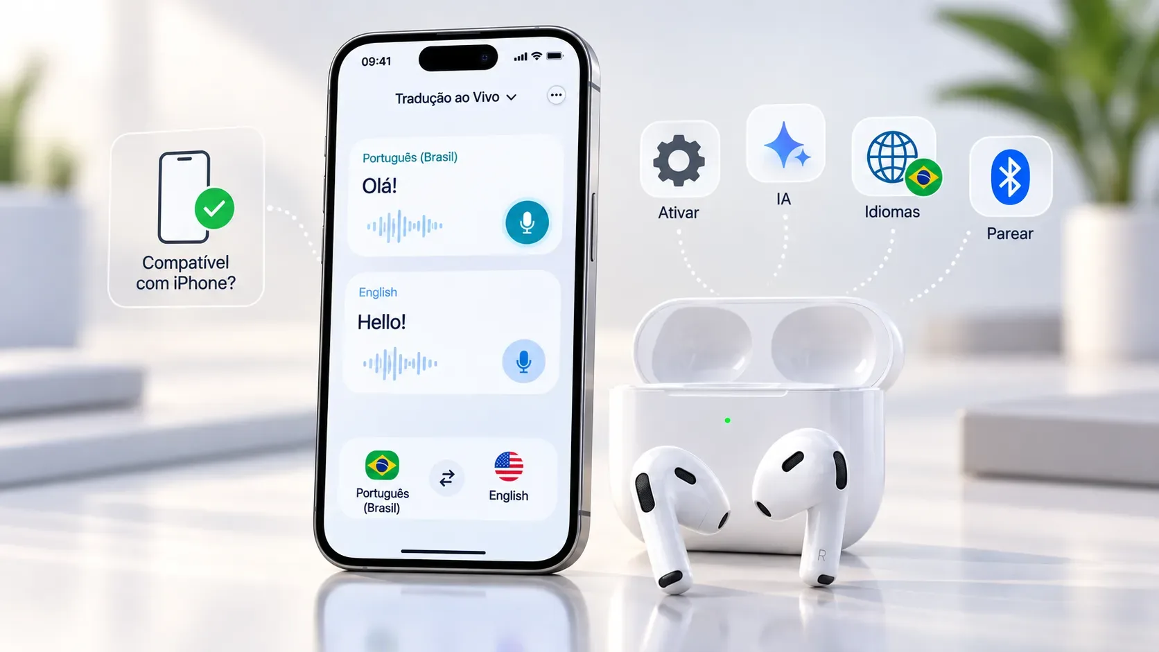 Smartphone exibindo uma interface de tradução ao vivo em português e inglês ao lado de fones sem fio brancos e ícones de compatibilidade, IA, idiomas e Bluetooth.