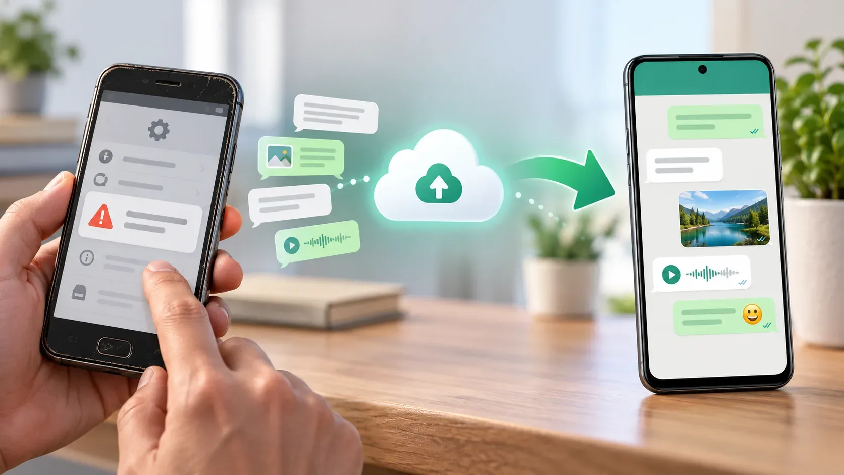 Celular Android antigo com alerta ao lado de conversas indo para a nuvem e sendo transferidas para um smartphone mais novo.