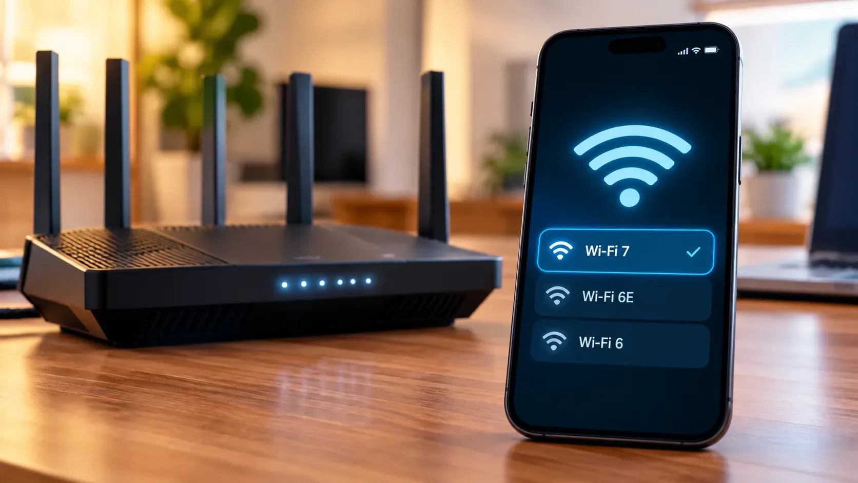 Roteador preto com antenas ao lado de um celular que exibe opções de Wi-Fi 7, Wi-Fi 6E e Wi-Fi 6 em uma tela azul.