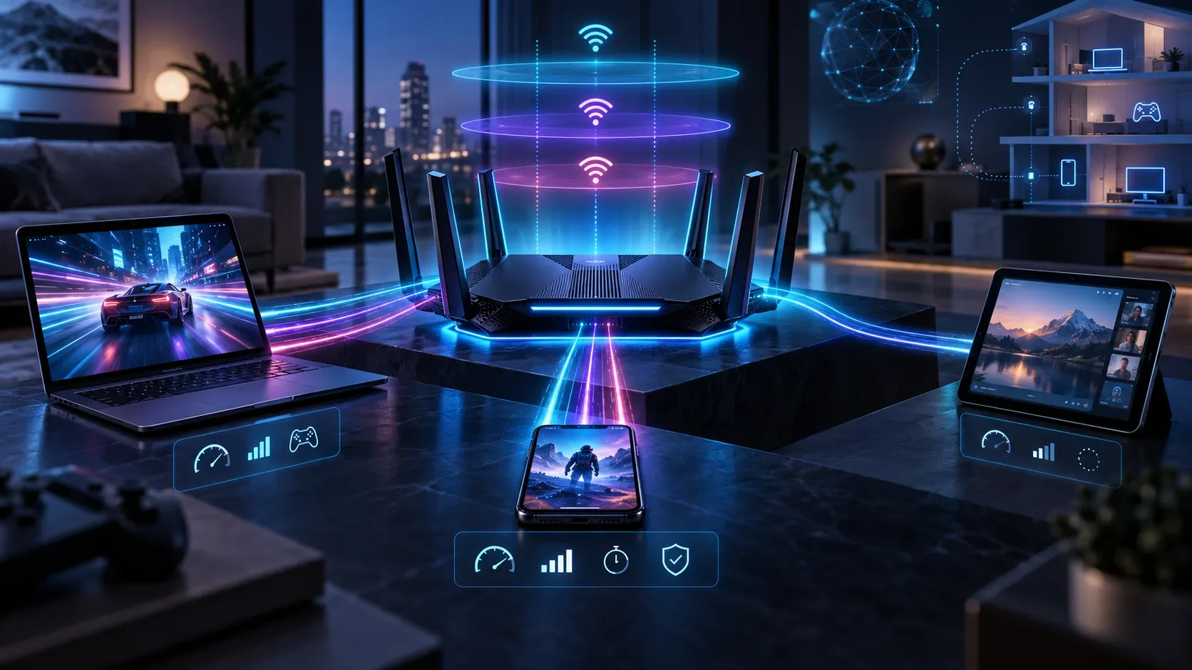 Roteador Wi‑Fi futurista no centro emitindo três camadas de sinal em azul, roxo e rosa, com feixes conectando notebook, smartphone e tablet e ícones de velocidade, latência e estabilidade.