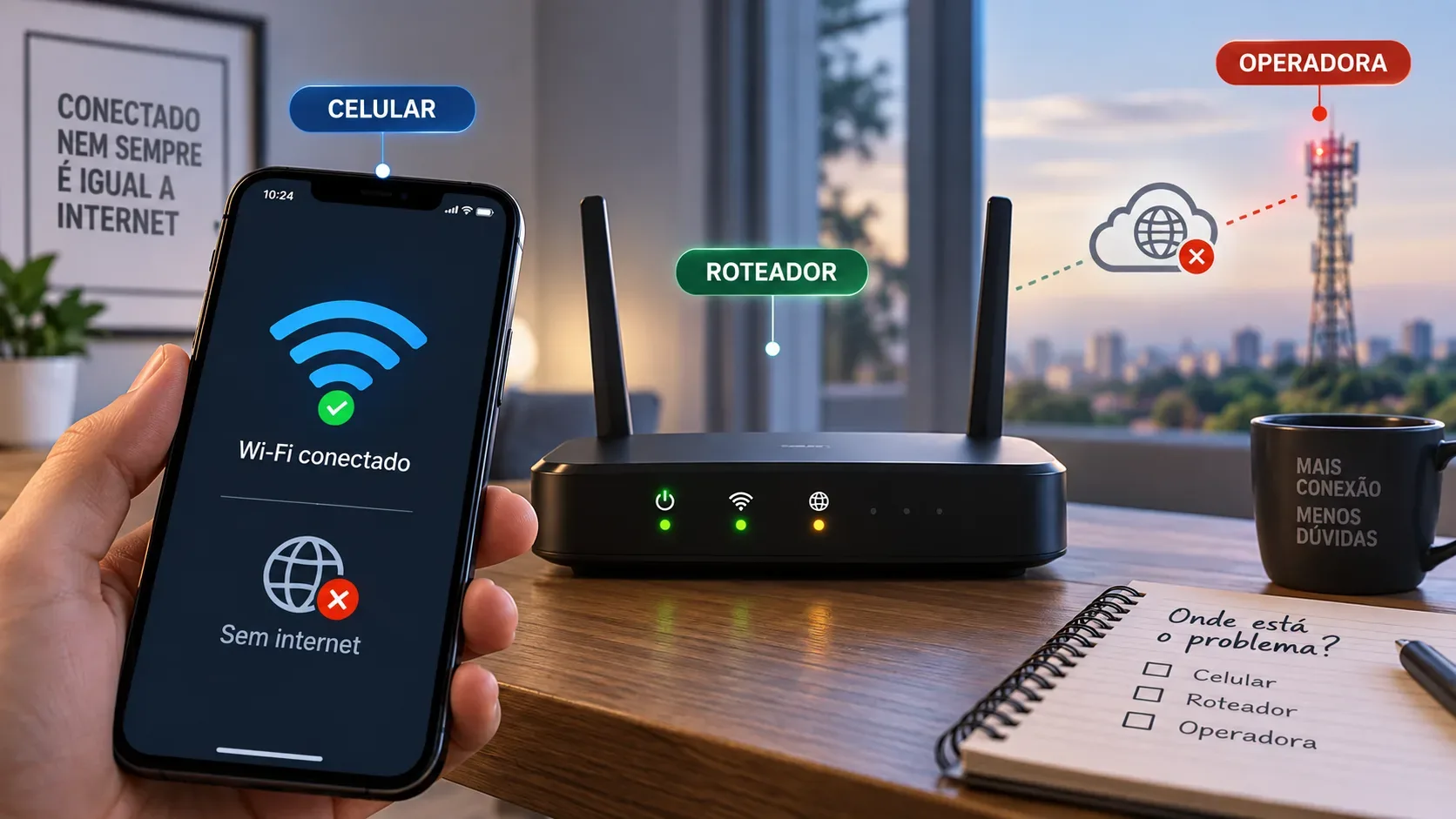 Mão segura um smartphone indicando Wi‑Fi conectado sem internet diante de um roteador, com torre de telecomunicações ao fundo e elementos visuais de diagnóstico.