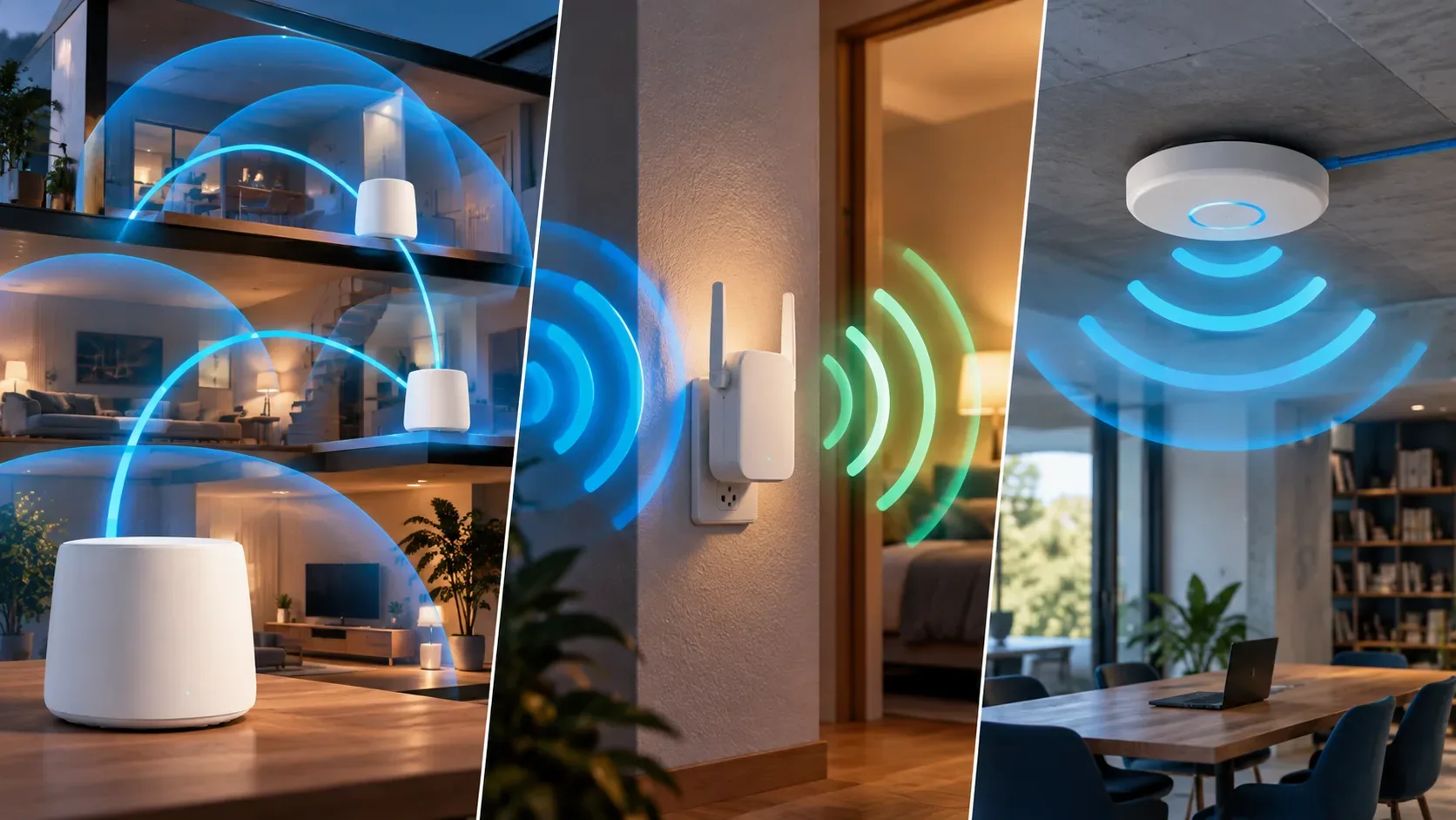 Casa em corte com nós mesh em vários andares, repetidor instalado na parede e ponto de acesso no teto, com ondas ilustrando a cobertura Wi-Fi.