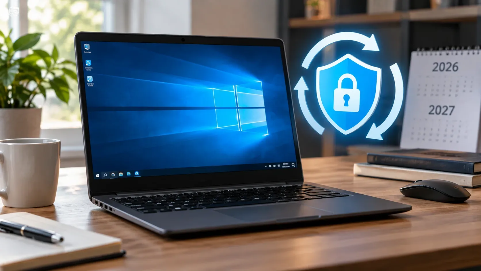 Notebook com Windows 10 sobre uma mesa, ao lado de um escudo azul com cadeado e setas de atualização e calendários de 2026 e 2027.