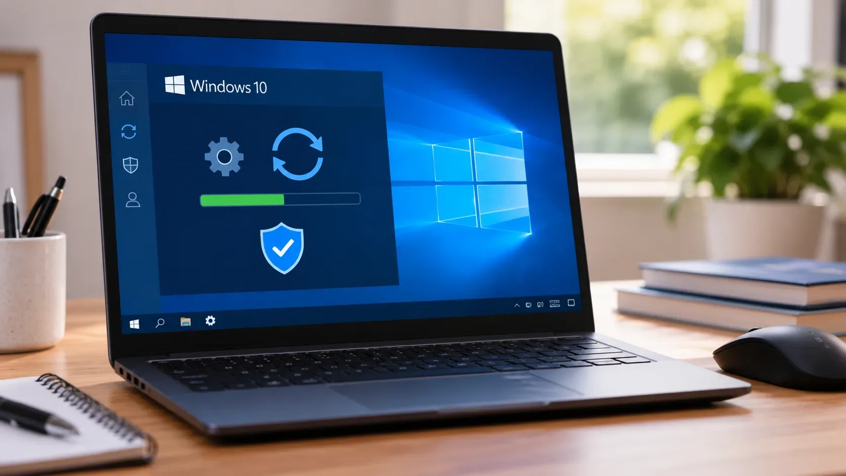 Notebook com Windows 10 exibindo símbolos de atualização e segurança sobre uma mesa de trabalho.