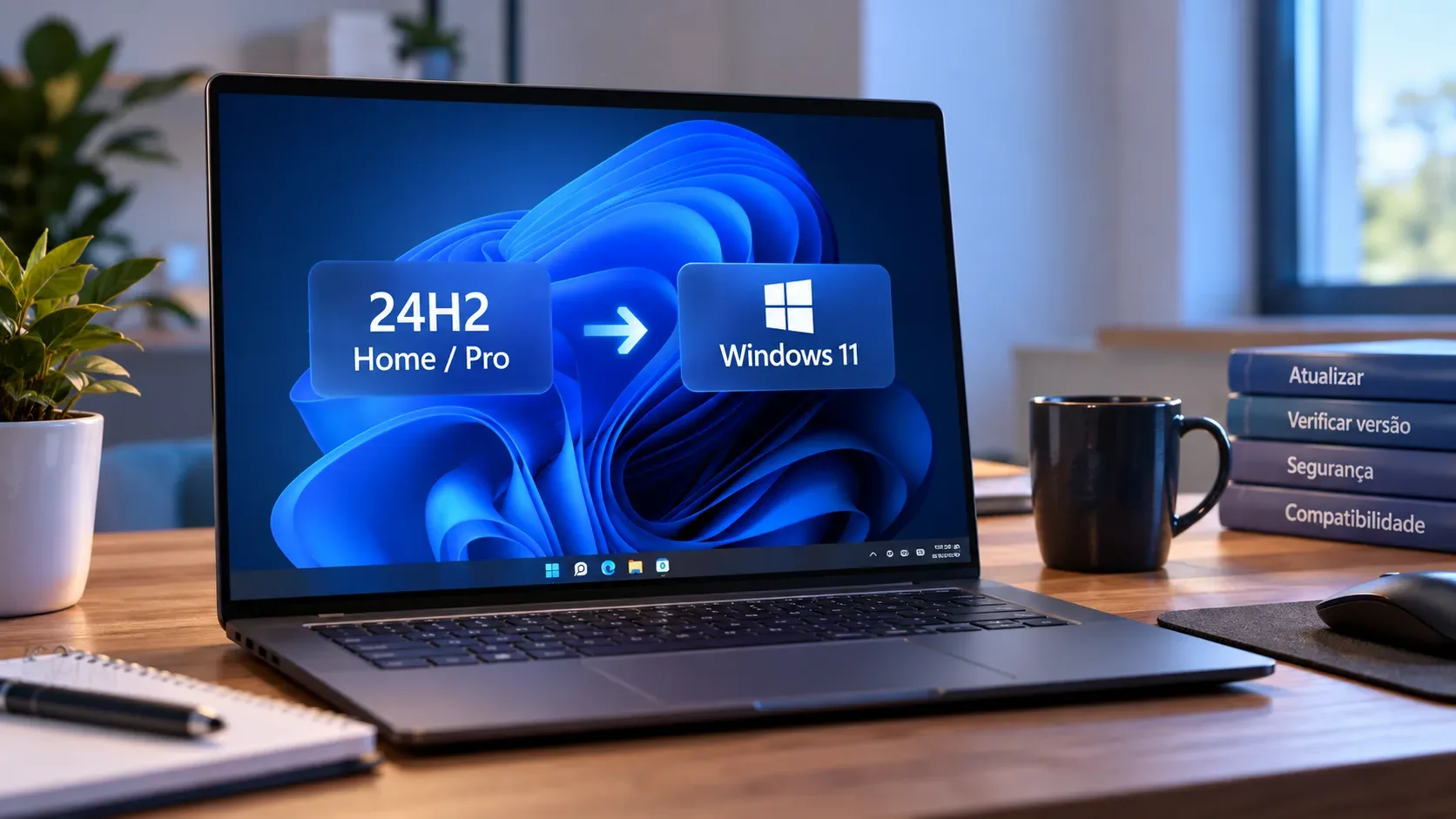 Notebook sobre mesa de madeira exibindo Windows 11 24H2 e uma indicação visual de atualização, com livros, caneca e mouse ao lado.