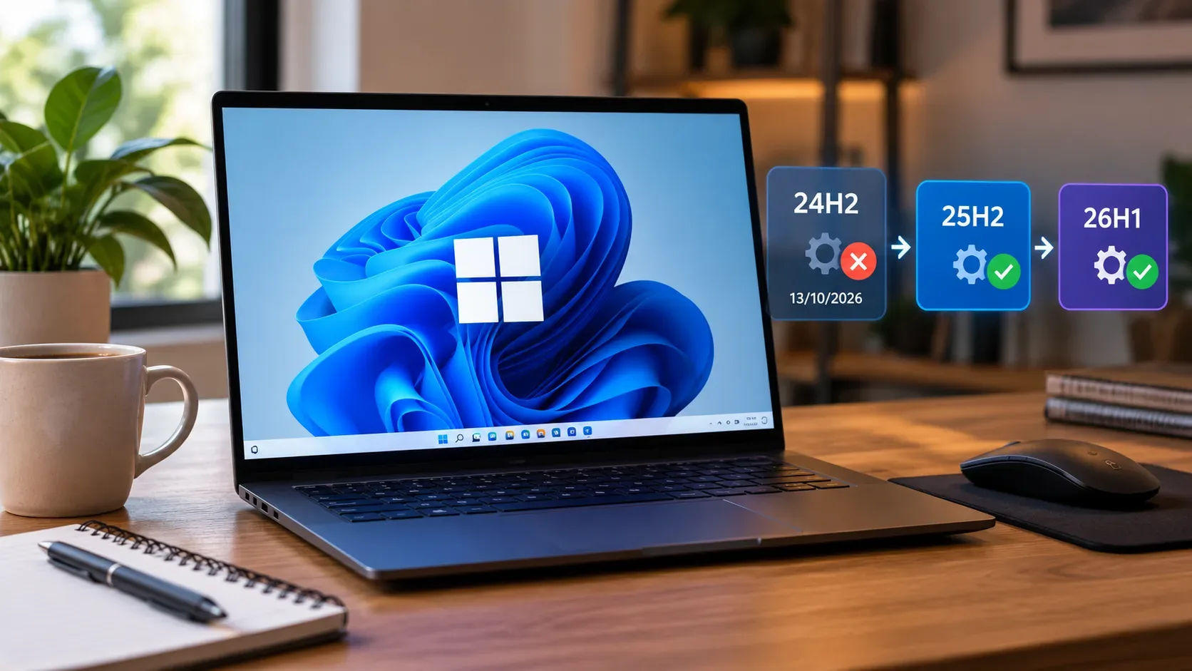 Notebook sobre uma mesa exibindo o Windows 11, ao lado de cartões 24H2, 25H2 e 26H1 ligados por setas e da data 13/10/2026.
