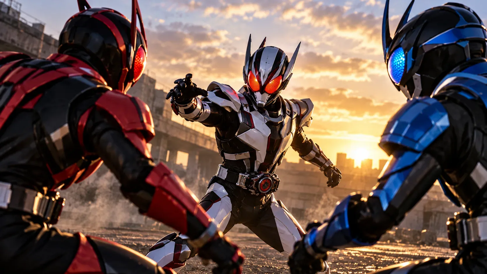 Três guerreiros mascarados em confronto numa área industrial ao pôr do sol, com um personagem branco e preto entre adversários vermelho e azul.