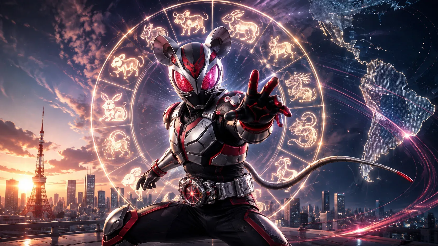 Herói tokusatsu original com armadura preta, prata e vermelha e traços de rato diante de um círculo luminoso de animais do zodíaco, com Tóquio e um mapa digital da América Latina ao fundo.