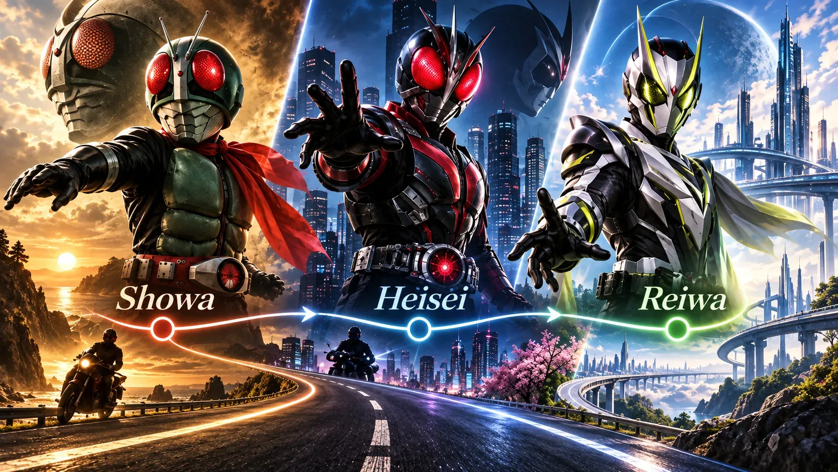 Três heróis mascarados de tokusatsu representam Showa, Heisei e Reiwa diante de uma estrada iluminada que conecta as três eras.