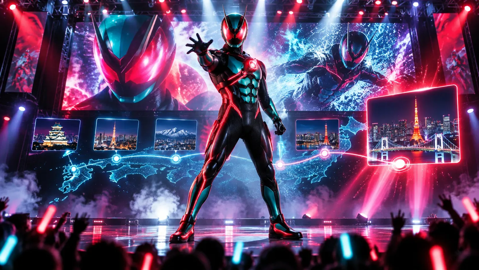 Herói mascarado em traje preto, turquesa e vermelho sobre um palco iluminado, com rota luminosa por cidades do Japão e Tóquio em destaque.