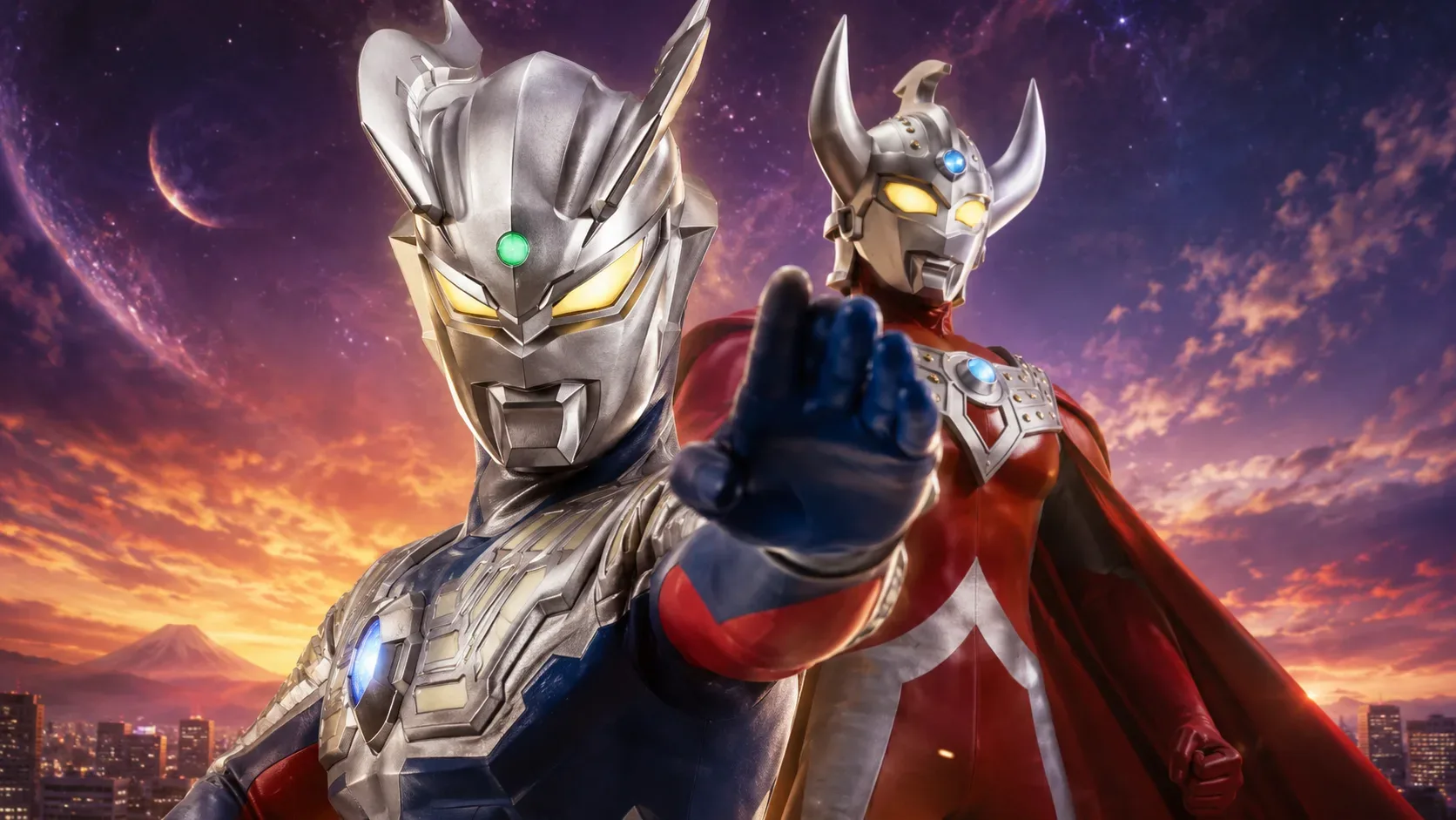 Ultraman Teo e Ultraman Zero em pose de combate diante de uma cidade sob um céu cósmico alaranjado e roxo.