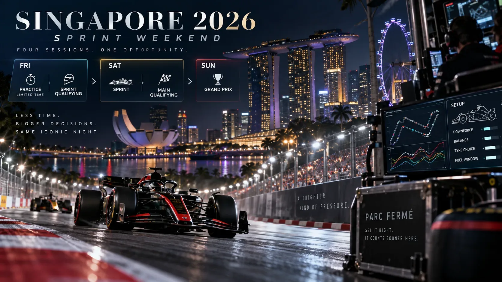 Carro de Fórmula 1 em circuito noturno de Singapura, com skyline de Marina Bay e painéis visuais sobre Sprint, classificação, acerto e parc fermé.
