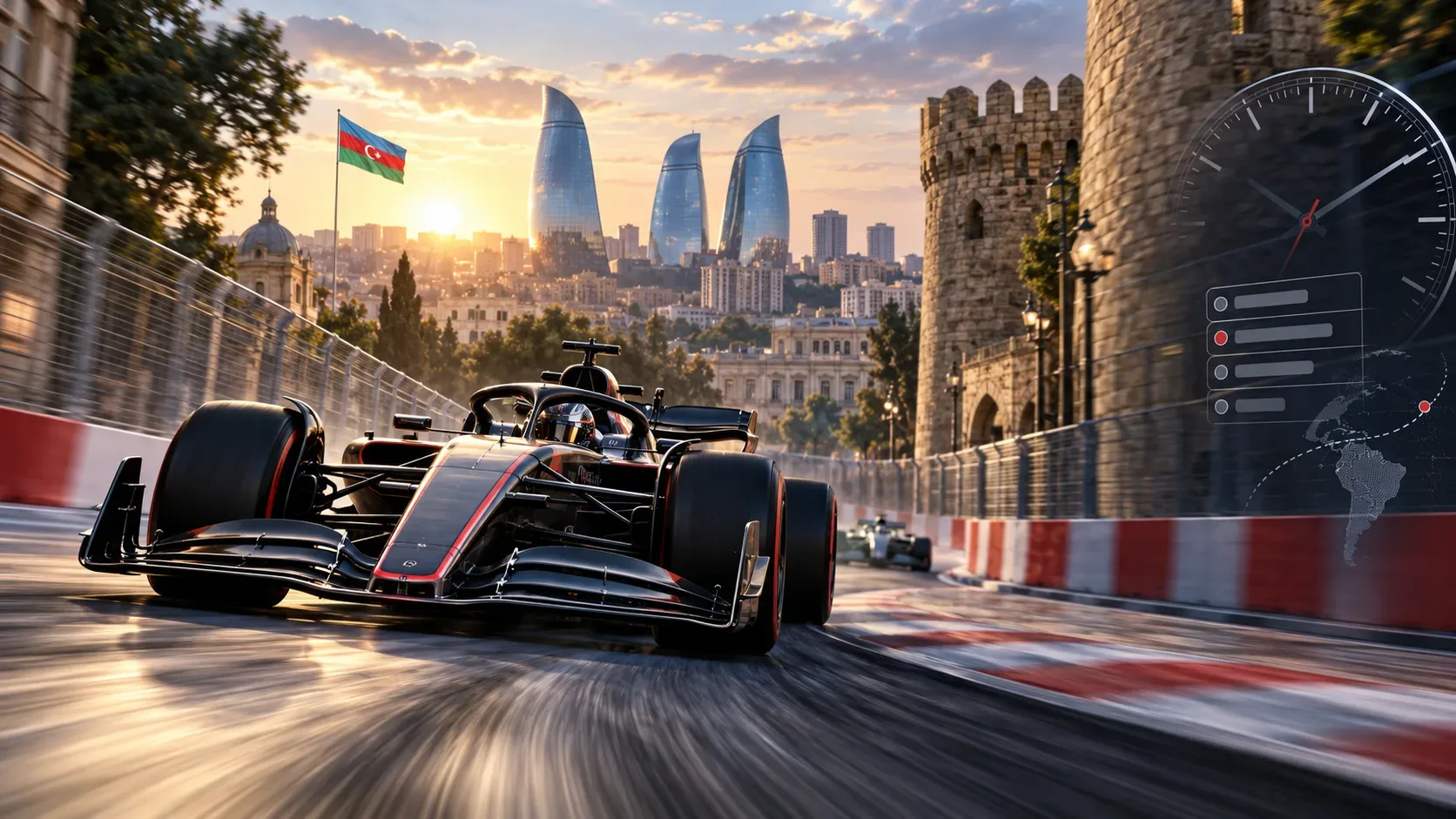 Carro de corrida em alta velocidade no circuito urbano de Baku ao pôr do sol, com Flame Towers, muralhas históricas, bandeira do Azerbaijão e gráficos discretos de relógio e agenda.