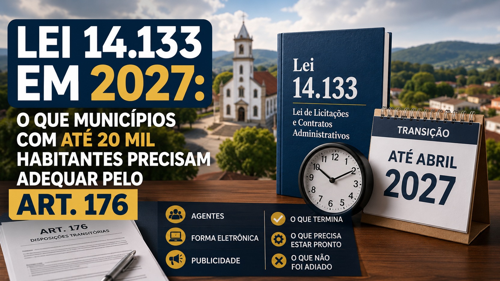 Capa editorial com cidade de pequeno porte ao fundo, livro da Lei 14.133, calendário marcando abril de 2027, relógio e destaques sobre o art. 176.
