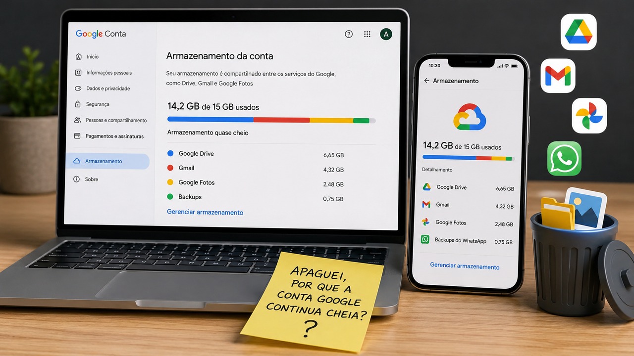 Notebook e celular exibem painel de armazenamento da Conta Google quase cheio, com ícones de Drive, Gmail, Fotos e WhatsApp e uma lixeira ao lado.