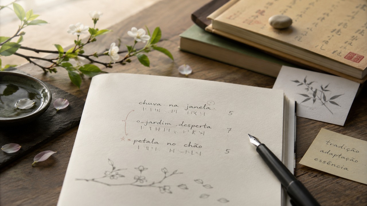 Caderno aberto sobre mesa de madeira com rascunho de haicai em três linhas, marcas de contagem 5-7-5, caneta-tinteiro, flores, livros e anotações sobre tradição e adaptação.