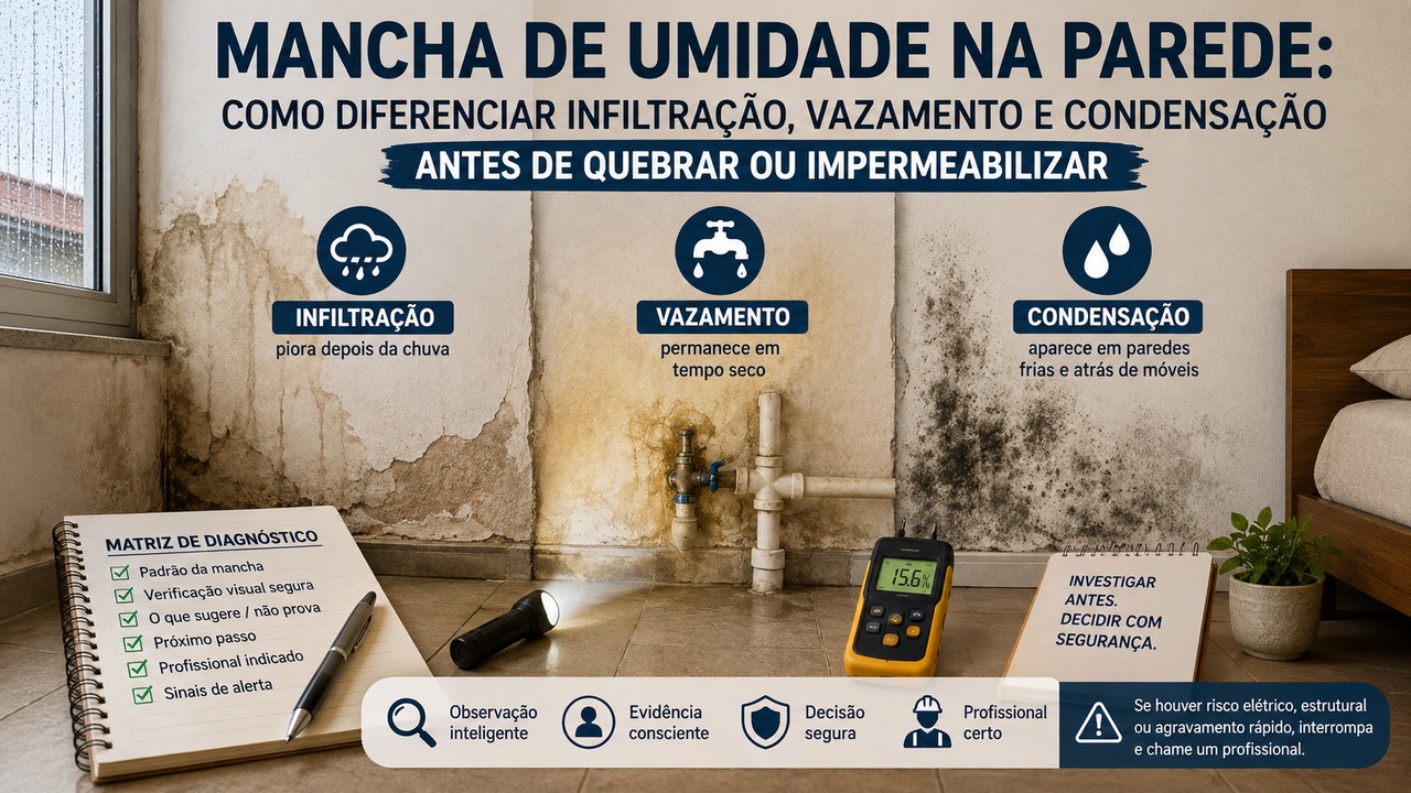 Infográfico em uma parede com três áreas de umidade identificadas como infiltração, vazamento e condensação, além de caderno de diagnóstico, lanterna e medidor portátil.