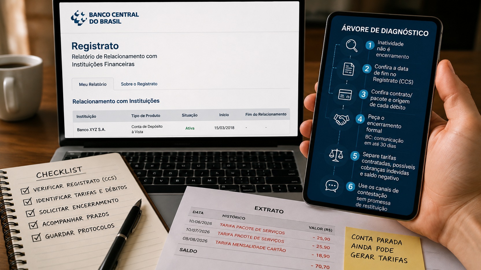 Cena ilustrativa com notebook exibindo o Registrato, celular com etapas de diagnóstico, checklist e extrato com tarifas bancárias.