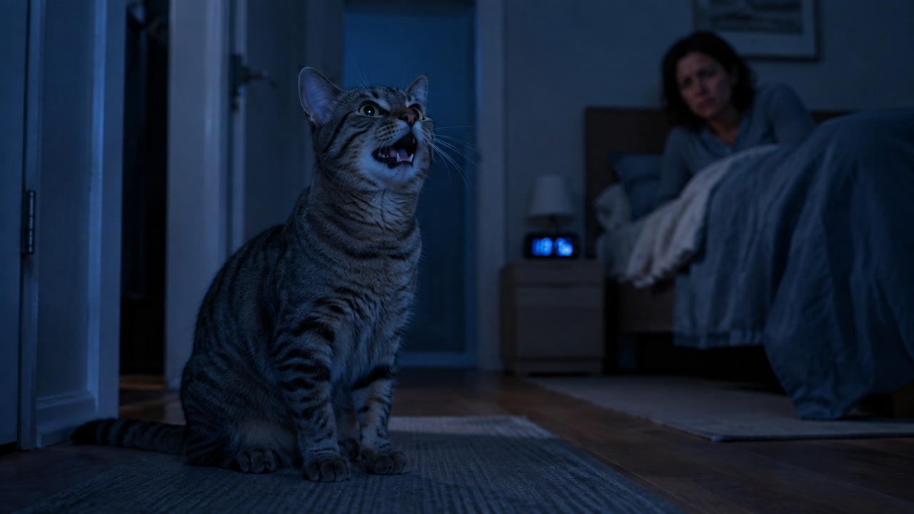 Gato tigrado miando em um quarto escuro durante a madrugada, com uma tutora acordada na cama ao fundo