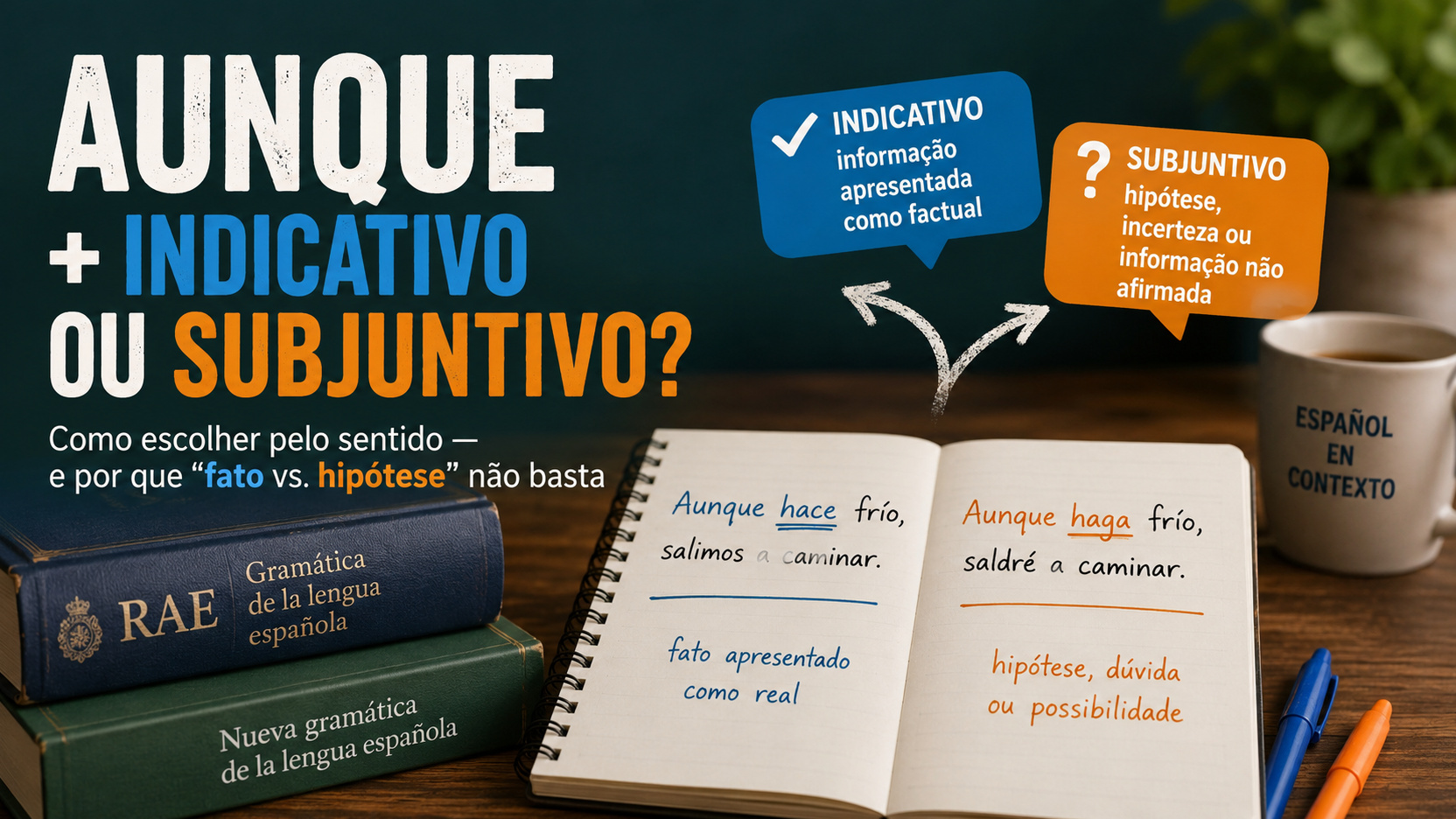 Capa educativa em uma mesa de estudos com a palavra aunque, contraste entre indicativo e subjuntivo, exemplos em um caderno, livros de gramática espanhola e uma caneca.