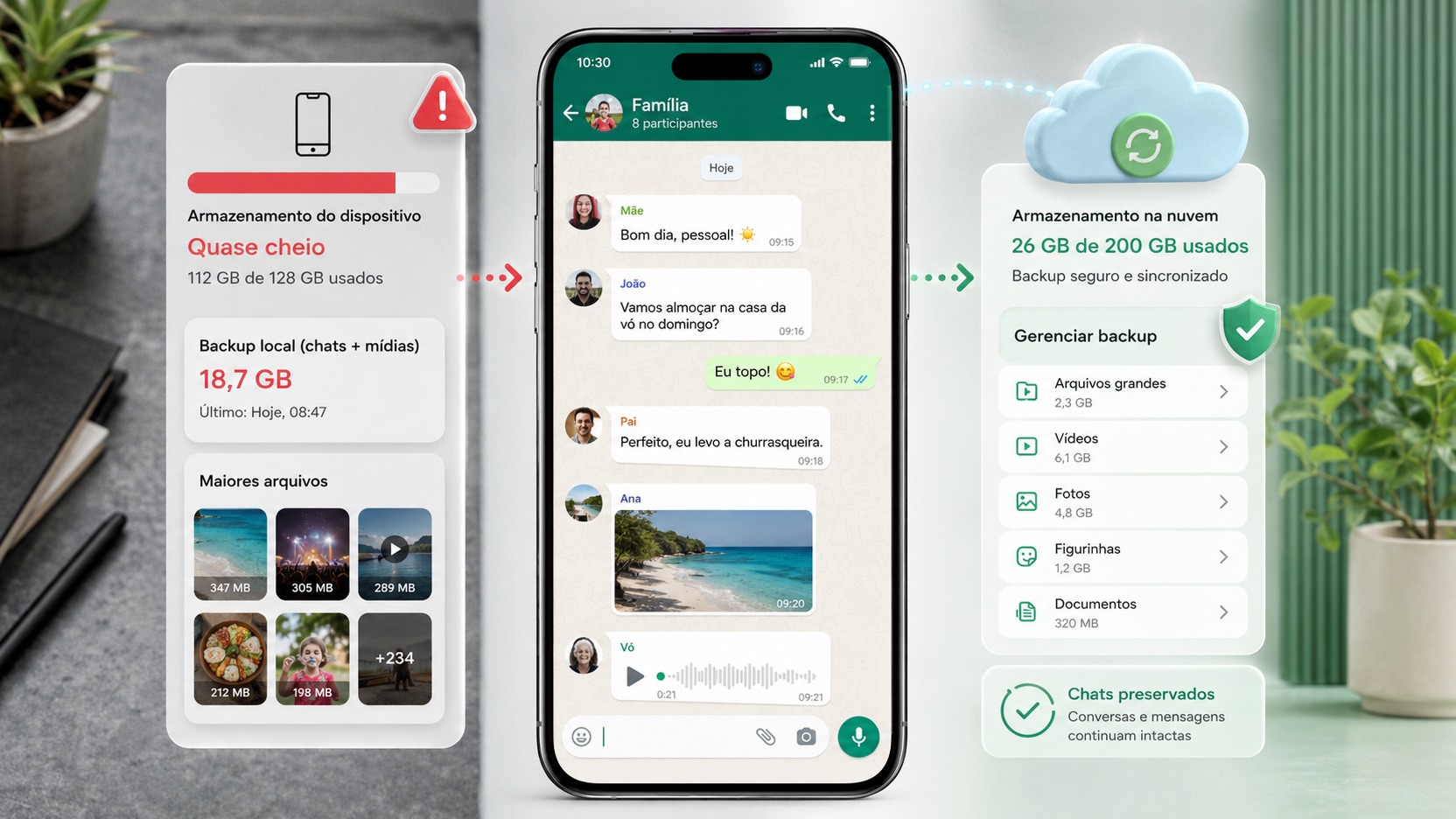 Celular com conversa de família ao centro, painel de armazenamento do aparelho quase cheio à esquerda e painel de backup na nuvem à direita, com opções de gerenciar arquivos e chats preservados.