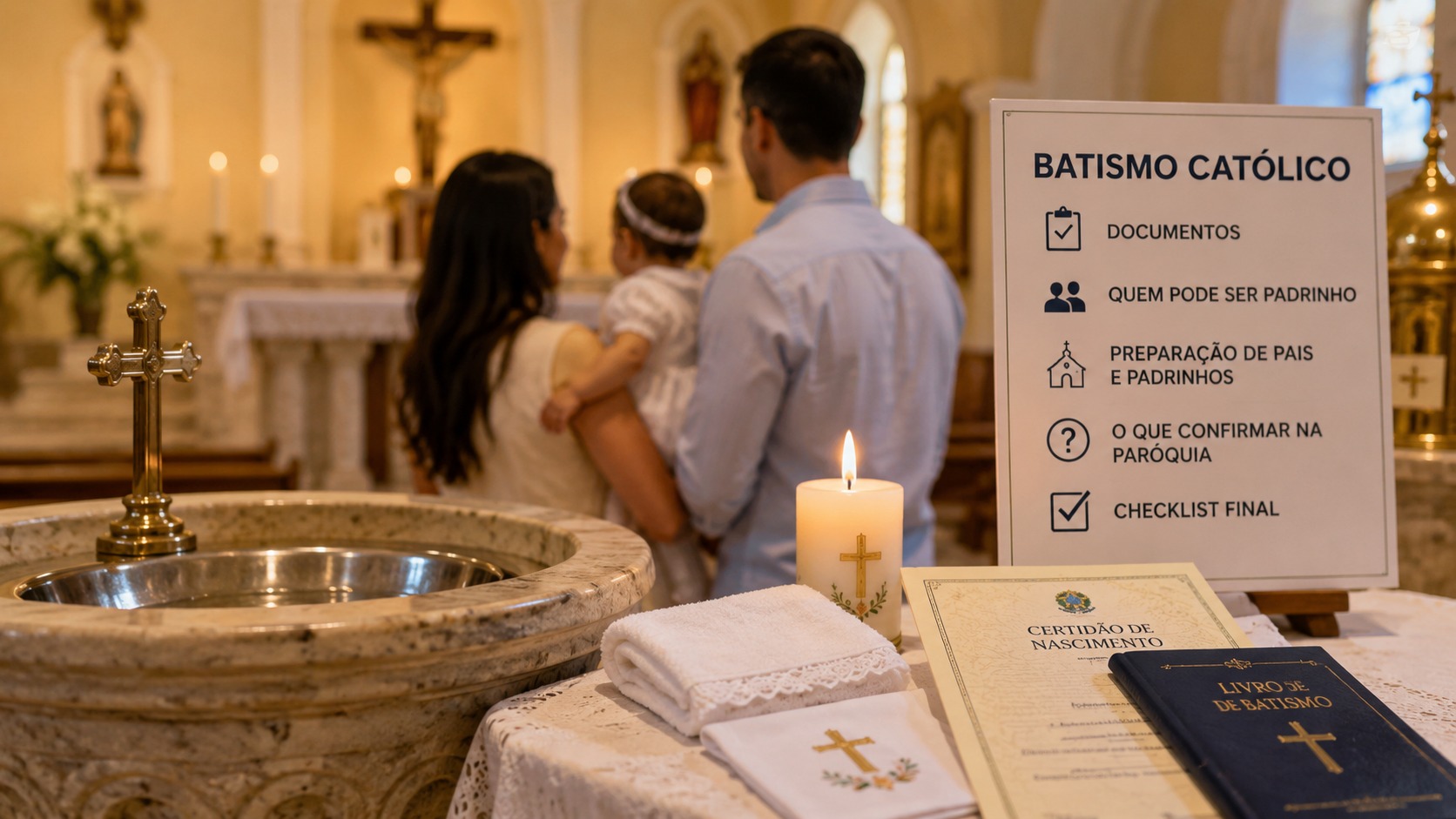 Família com bebê diante do altar ao lado de pia batismal, vela e documentos de batismo em uma igreja católica.