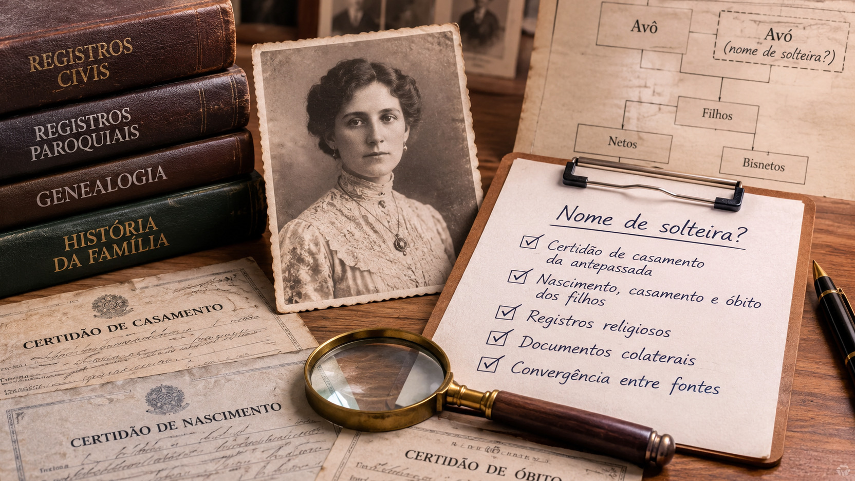 Mesa de pesquisa genealógica com retrato antigo de uma mulher, certidões de casamento, nascimento e óbito, livros de registros, árvore familiar e prancheta com pistas para encontrar o nome de solteira.