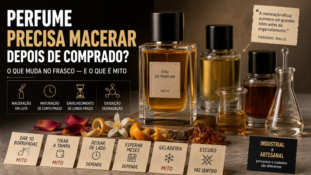 Composição editorial com frascos de perfume âmbar, vidrarias de laboratório e cartões que contrapõem maceração, maturação, envelhecimento e oxidação.