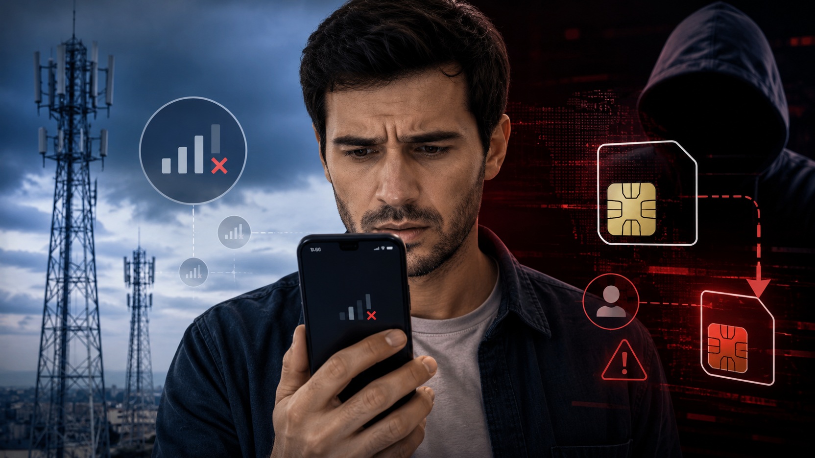 Homem preocupado olha para celular sem sinal, com torres de telecomunicações à esquerda e representação de fraude por troca de SIM à direita.