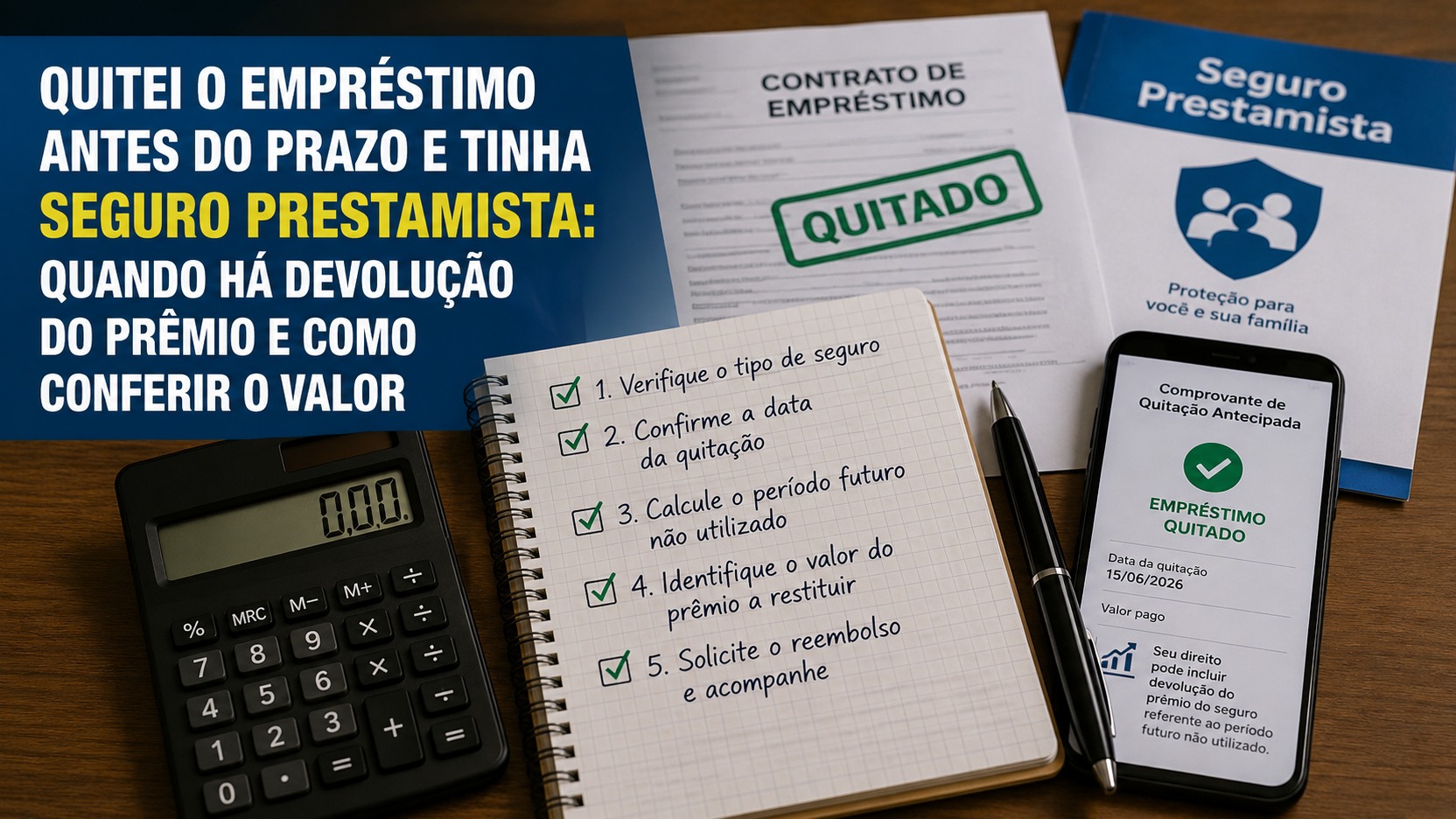 Mesa com contrato de empréstimo marcado como quitado, folheto de seguro prestamista, calculadora, caderno de conferência e celular com comprovante de quitação antecipada.